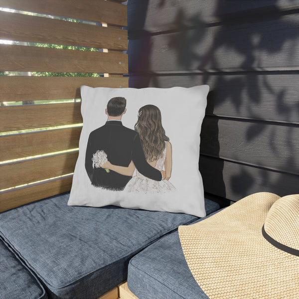 Wedding Couple Outdoor Pillow – Personalized Bride & Groom Patio Cushion